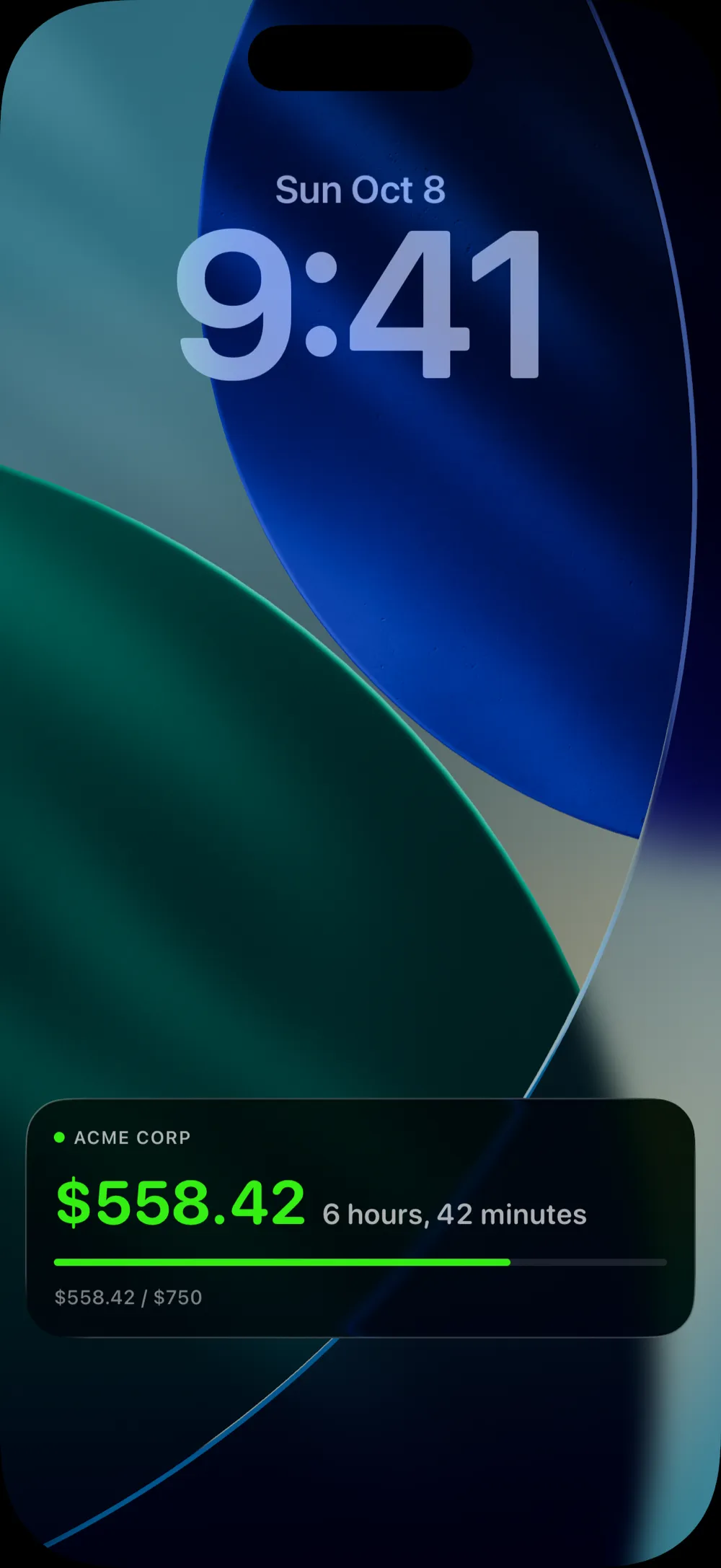 Merit's Live Activity on an iPhone lock screen: Acme Corp, $558.42 in 6 h 42, a green bar towards the $750 target.