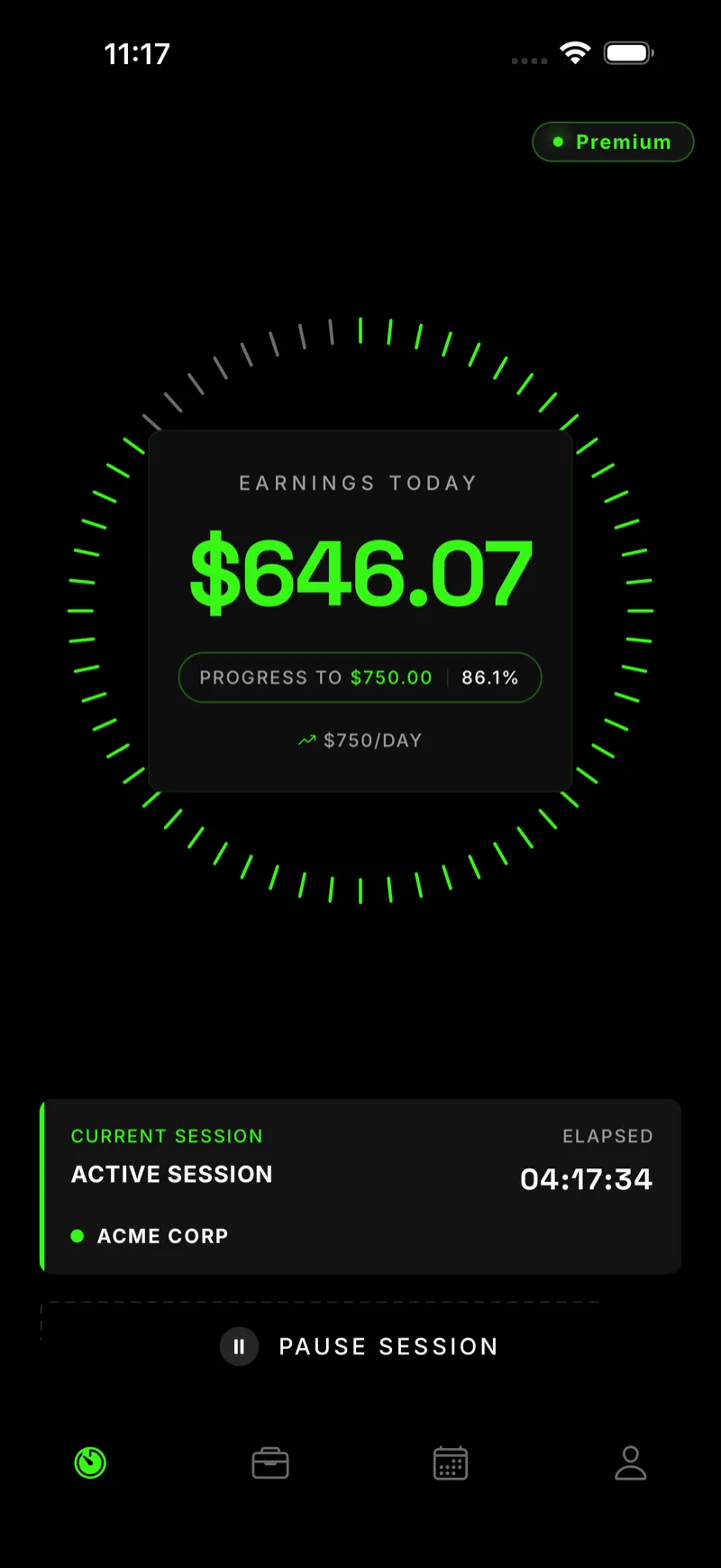 Merit's Timer screen, with the green ring and today's earnings.
