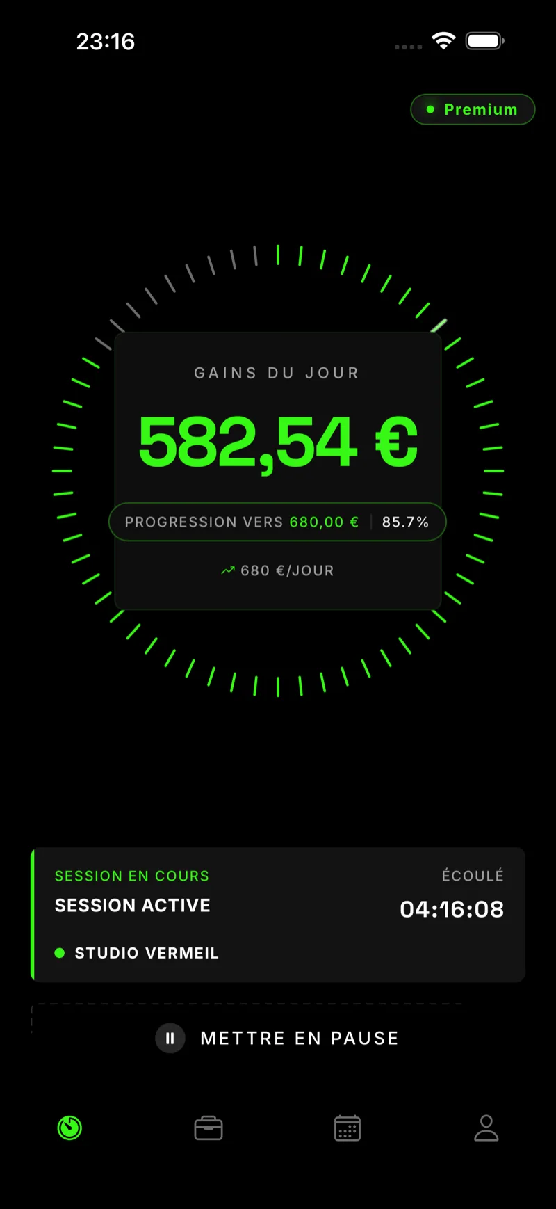 L'écran Chrono de Merit, avec l'anneau vert et le montant gagné aujourd'hui.